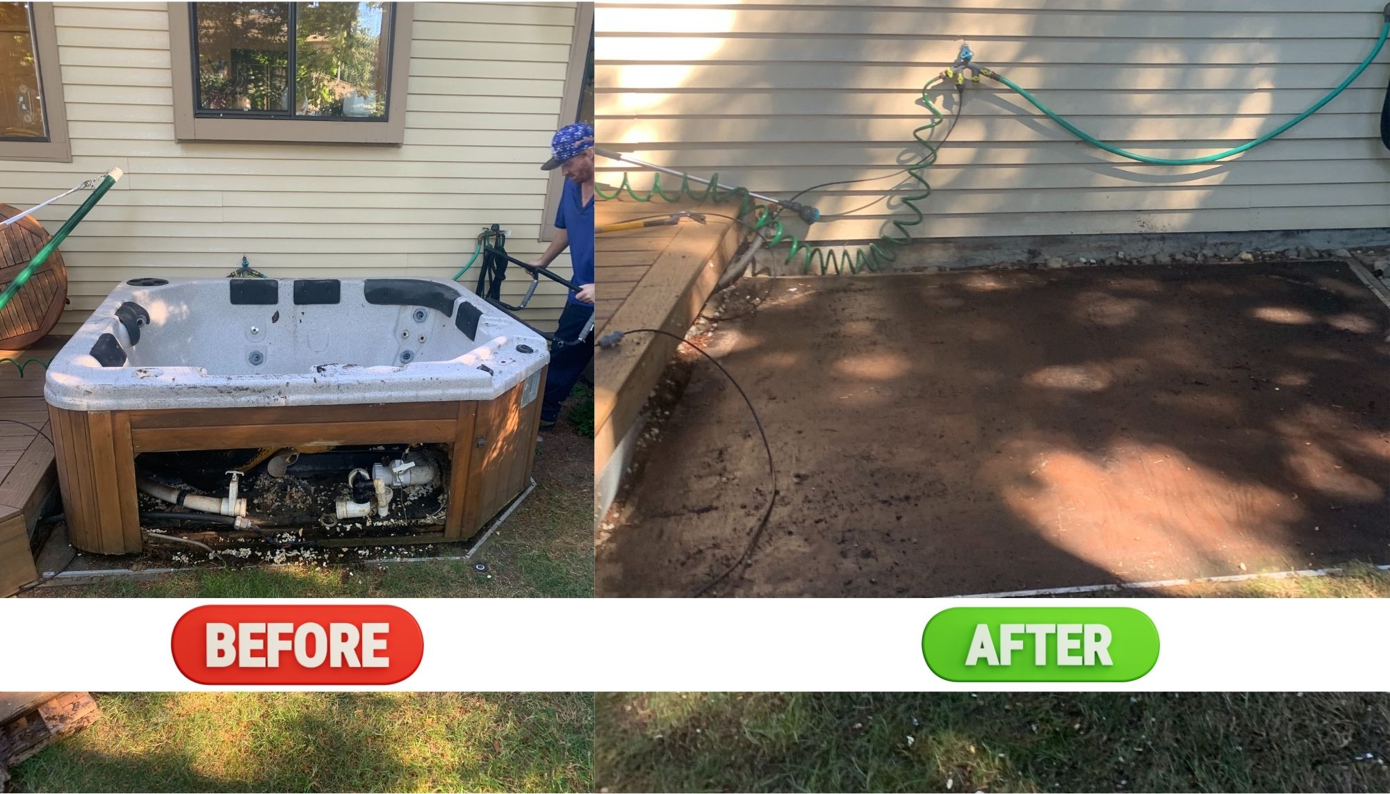 A collage of a hot tub on a deck and a after it has been professionally removed by Recycle It Canada